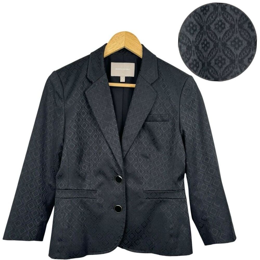 Banana Republic‎ 3/4 Sleeve Blazer Womens 4 Black Satin Jacquard Buisness Casual